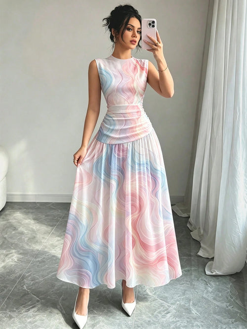 Modelyn Dreamy Colorful Line Pattern French Chiffon Dress, Women's Fashion Low Neckline Sleeveless Waist-Cinched Long Dress, Ruched Waist Slimming Design, Summer Vacation Style Outfit, Elegant Everyda