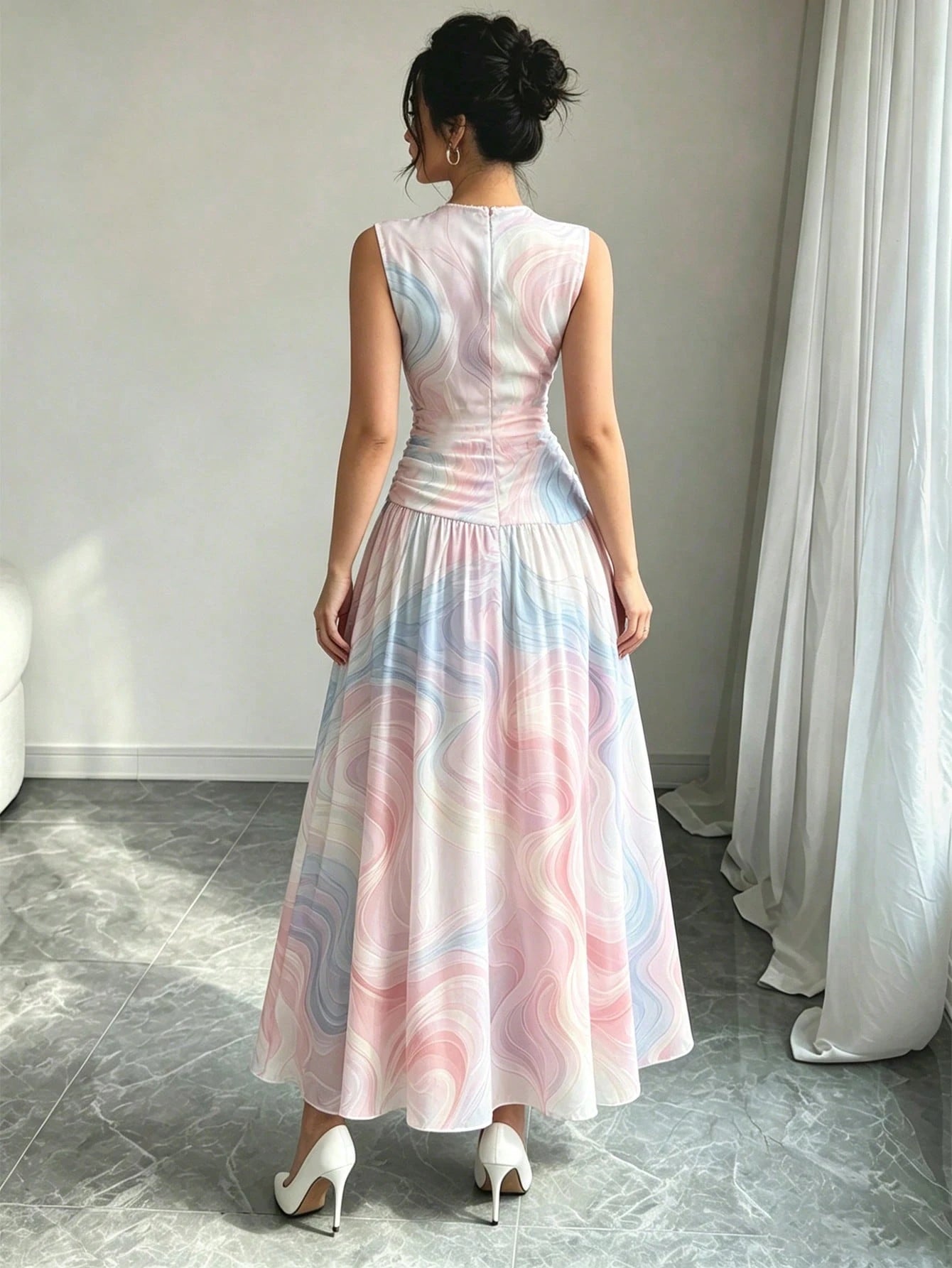 Modelyn Dreamy Colorful Line Pattern French Chiffon Dress, Women's Fashion Low Neckline Sleeveless Waist-Cinched Long Dress, Ruched Waist Slimming Design, Summer Vacation Style Outfit, Elegant Everyda