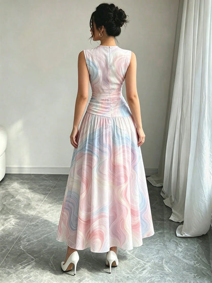 Modelyn Dreamy Colorful Line Pattern French Chiffon Dress, Women's Fashion Low Neckline Sleeveless Waist-Cinched Long Dress, Ruched Waist Slimming Design, Summer Vacation Style Outfit, Elegant Everyda
