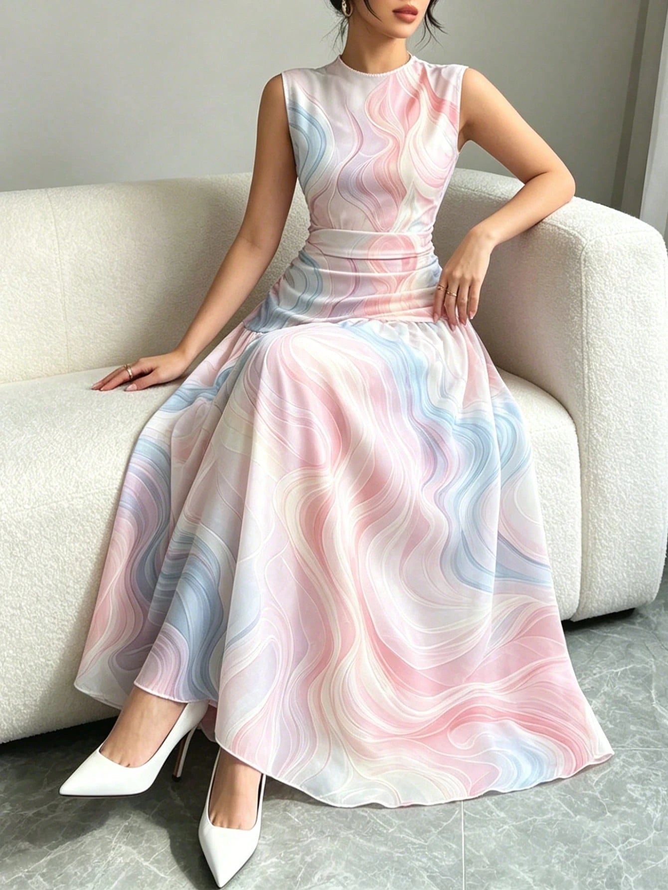 Modelyn Dreamy Colorful Line Pattern French Chiffon Dress, Women's Fashion Low Neckline Sleeveless Waist-Cinched Long Dress, Ruched Waist Slimming Design, Summer Vacation Style Outfit, Elegant Everyda