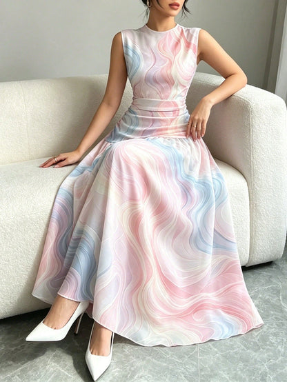 Modelyn Dreamy Colorful Line Pattern French Chiffon Dress, Women's Fashion Low Neckline Sleeveless Waist-Cinched Long Dress, Ruched Waist Slimming Design, Summer Vacation Style Outfit, Elegant Everyda