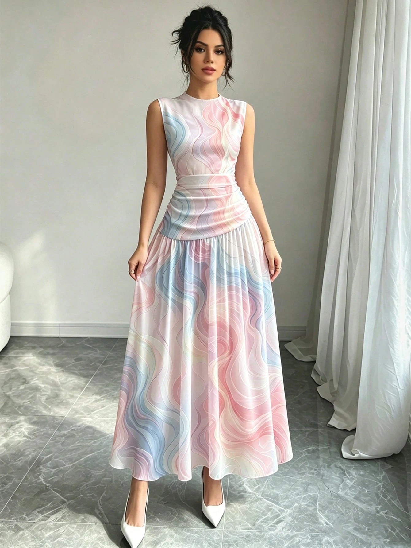 Modelyn Dreamy Colorful Line Pattern French Chiffon Dress, Women's Fashion Low Neckline Sleeveless Waist-Cinched Long Dress, Ruched Waist Slimming Design, Summer Vacation Style Outfit, Elegant Everyda