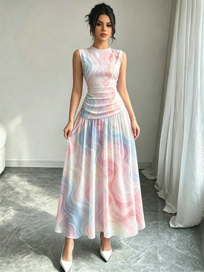 Modelyn Dreamy Colorful Line Pattern French Chiffon Dress, Women's Fashion Low Neckline Sleeveless Waist-Cinched Long Dress, Ruched Waist Slimming Design, Summer Vacation Style Outfit, Elegant Everyda