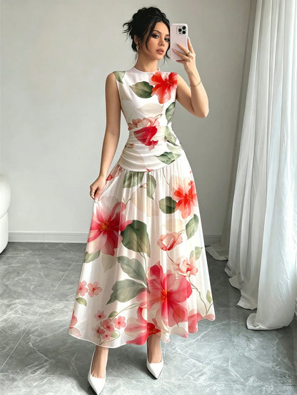 Modelyn Dreamy Colorful Line Pattern French Chiffon Dress, Women's Fashion Low Neckline Sleeveless Waist-Cinched Long Dress, Ruched Waist Slimming Design, Summer Vacation Style Outfit, Elegant Everyda
