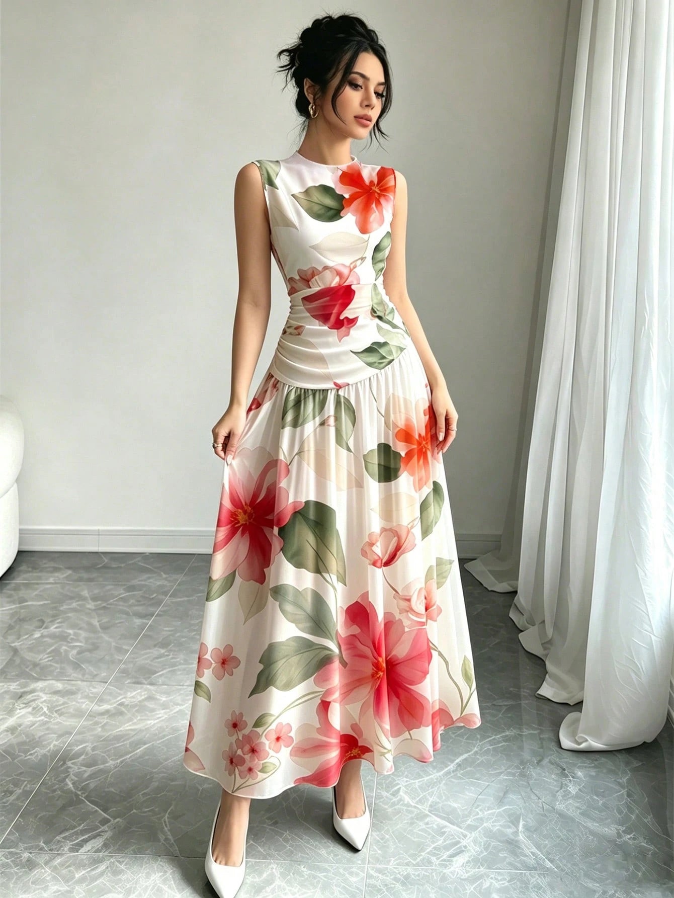 Modelyn Dreamy Colorful Line Pattern French Chiffon Dress, Women's Fashion Low Neckline Sleeveless Waist-Cinched Long Dress, Ruched Waist Slimming Design, Summer Vacation Style Outfit, Elegant Everyda