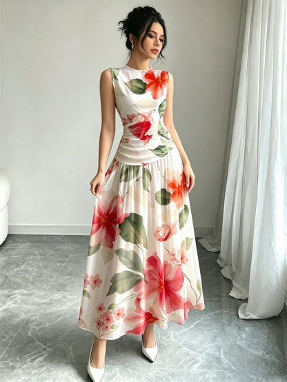 Modelyn Dreamy Colorful Line Pattern French Chiffon Dress, Women's Fashion Low Neckline Sleeveless Waist-Cinched Long Dress, Ruched Waist Slimming Design, Summer Vacation Style Outfit, Elegant Everyda