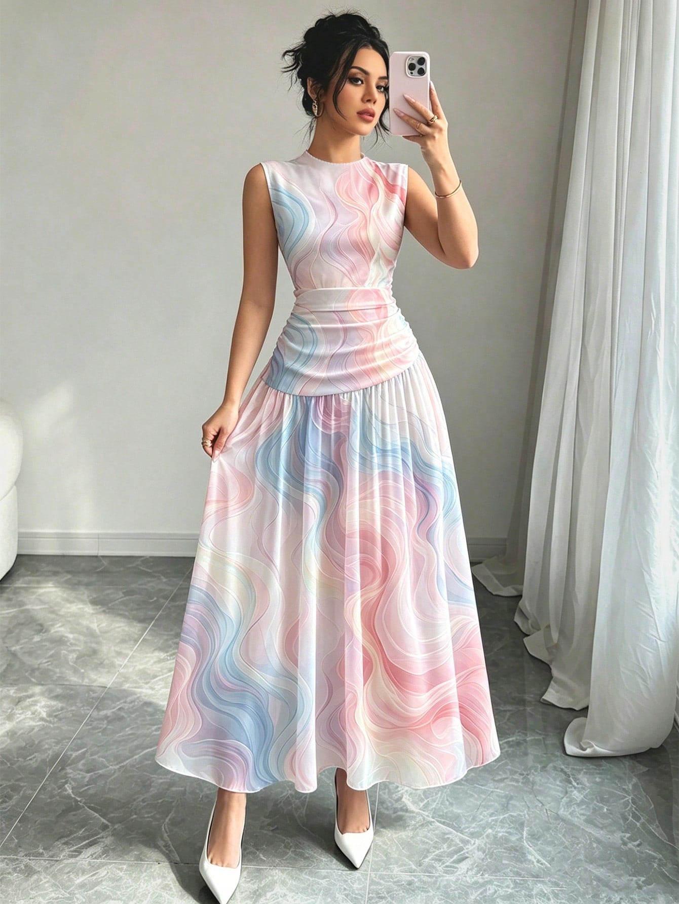 Modelyn Dreamy Colorful Line Pattern French Chiffon Dress, Women's Fashion Low Neckline Sleeveless Waist-Cinched Long Dress, Ruched Waist Slimming Design, Summer Vacation Style Outfit, Elegant Everyda