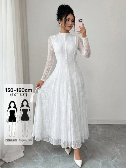 Modelyn Petite Women's Elegant Lace Long Sleeve Dress With Stand Collar,Wedding Graduation College Guest Dress Women,Petite Women White Autumn