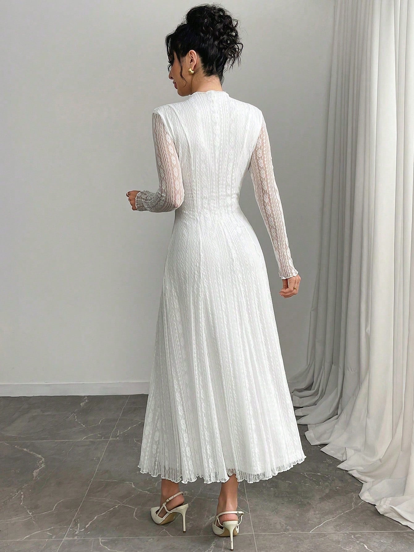 Modelyn Petite Women's Elegant Lace Long Sleeve Dress With Stand Collar,Wedding Graduation College Guest Dress Women,Petite Women White Autumn