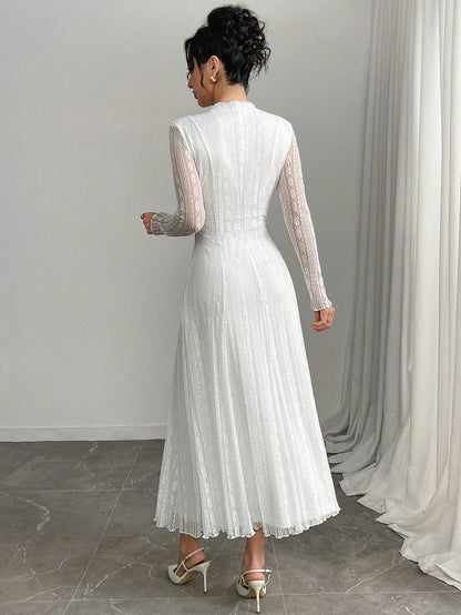 Modelyn Petite Women's Elegant Lace Long Sleeve Dress With Stand Collar,Wedding Graduation College Guest Dress Women,Petite Women White Autumn