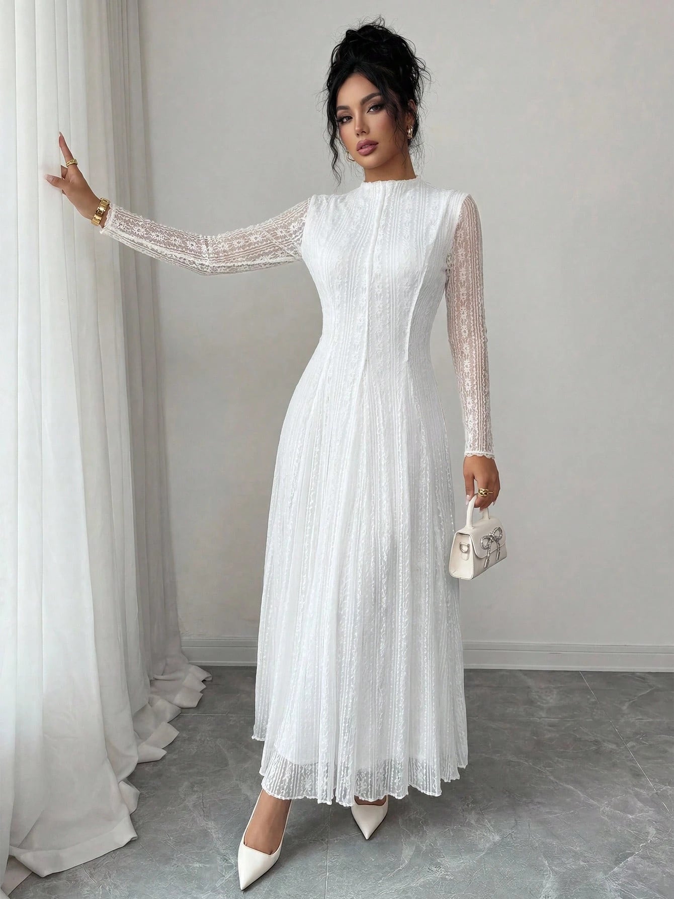 Modelyn Petite Women's Elegant Lace Long Sleeve Dress With Stand Collar,Wedding Graduation College Guest Dress Women,Petite Women White Autumn