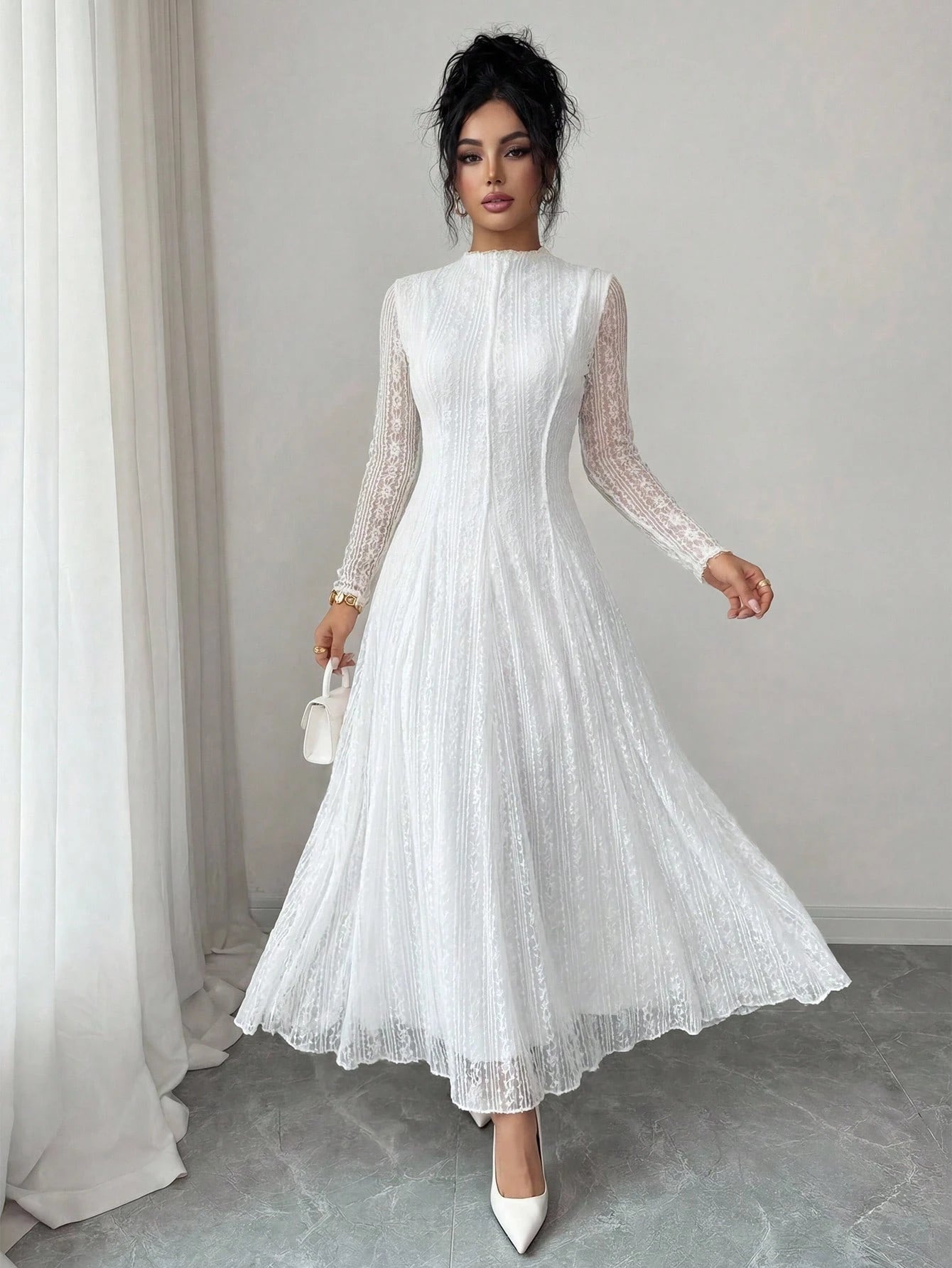 Modelyn Petite Women's Elegant Lace Long Sleeve Dress With Stand Collar,Wedding Graduation College Guest Dress Women,Petite Women White Autumn