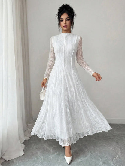 Modelyn Petite Women's Elegant Lace Long Sleeve Dress With Stand Collar,Wedding Graduation College Guest Dress Women,Petite Women White Autumn