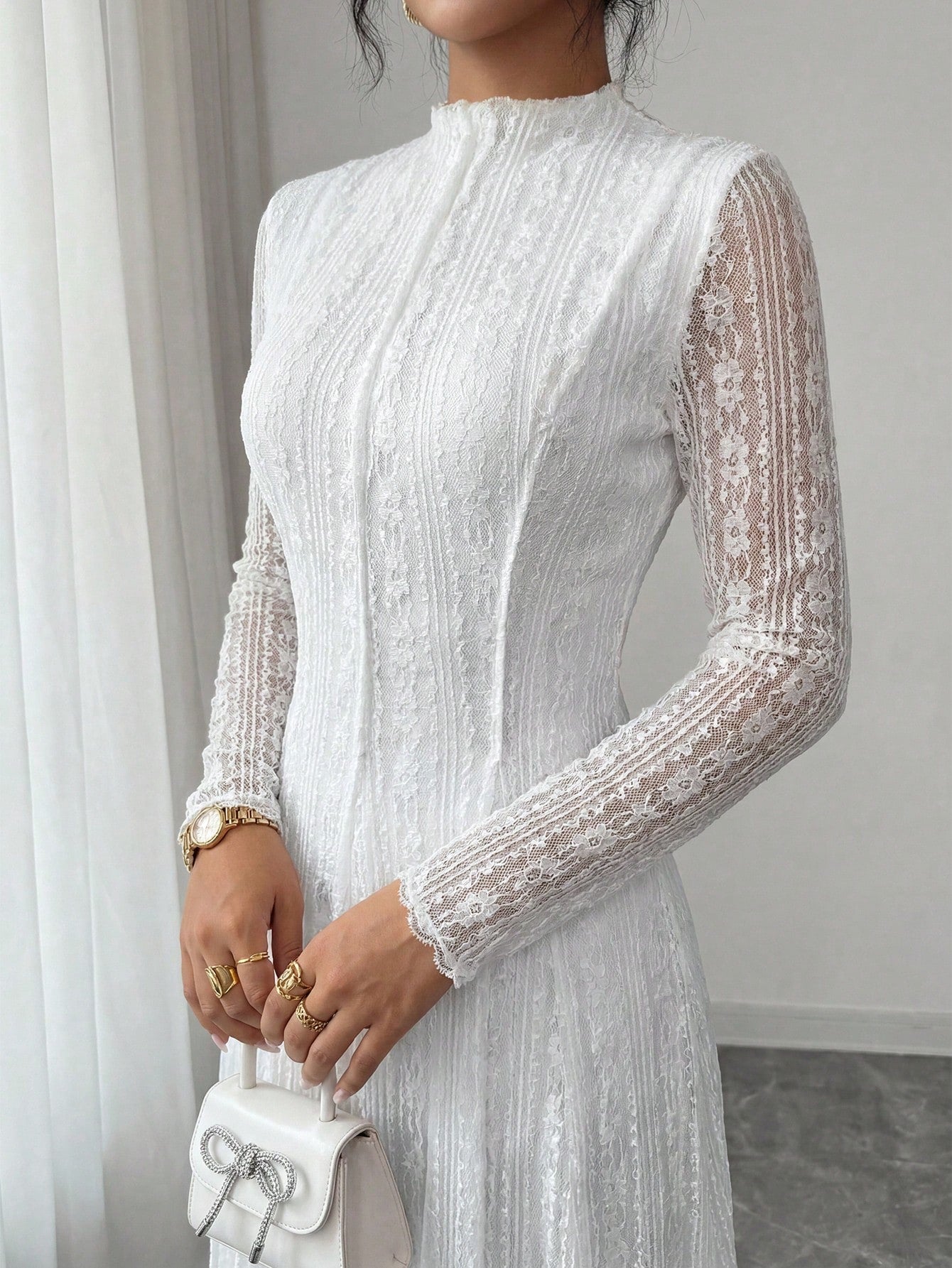 Modelyn Petite Women's Elegant Lace Long Sleeve Dress With Stand Collar,Wedding Graduation College Guest Dress Women,Petite Women White Autumn