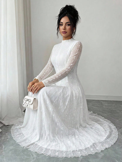 Modelyn Petite Women's Elegant Lace Long Sleeve Dress With Stand Collar,Wedding Graduation College Guest Dress Women,Petite Women White Autumn