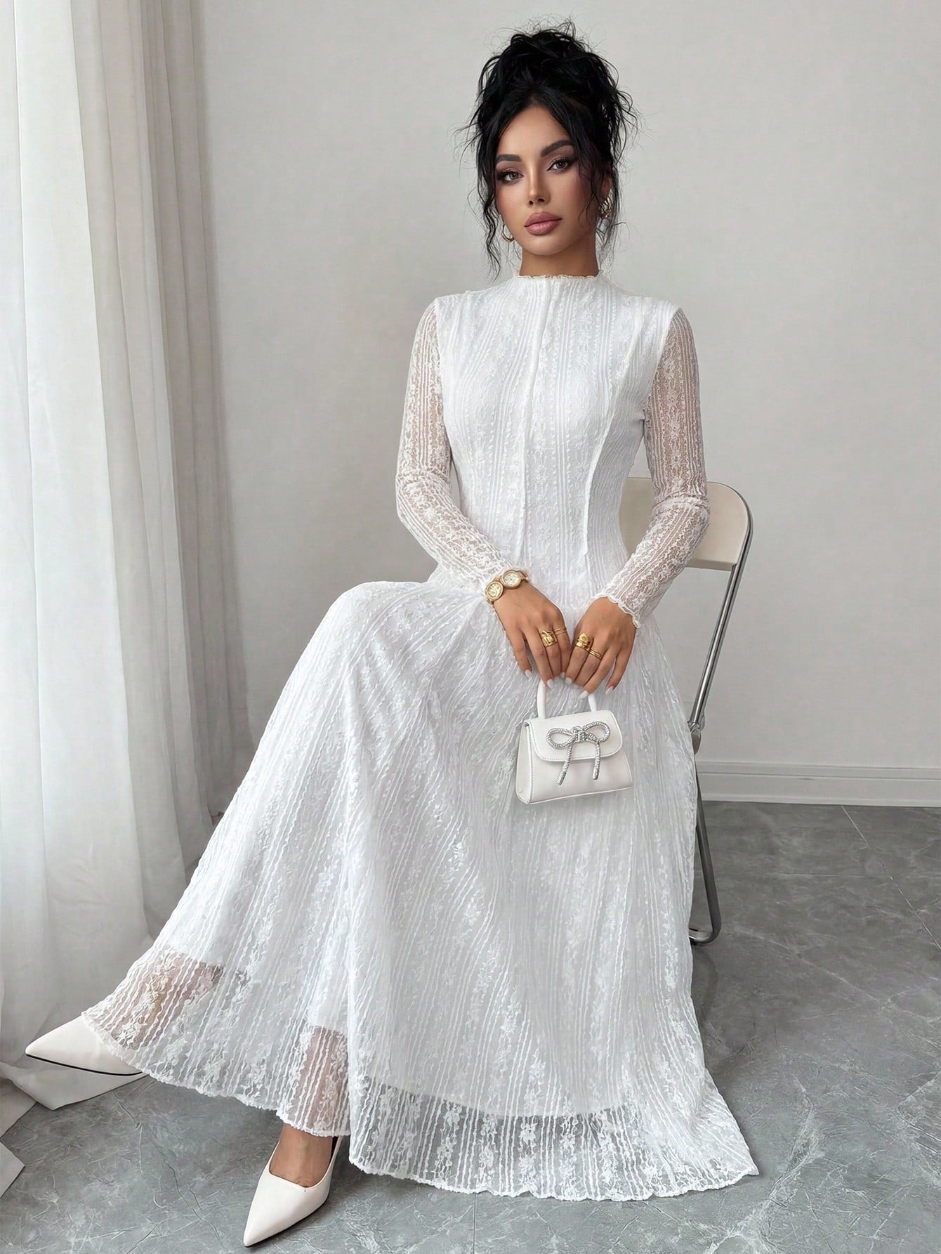 Modelyn Petite Women's Elegant Lace Long Sleeve Dress With Stand Collar,Wedding Graduation College Guest Dress Women,Petite Women White Autumn