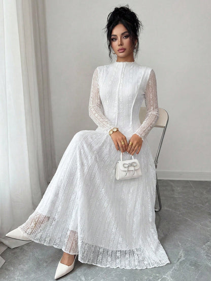 Modelyn Petite Women's Elegant Lace Long Sleeve Dress With Stand Collar,Wedding Graduation College Guest Dress Women,Petite Women White Autumn