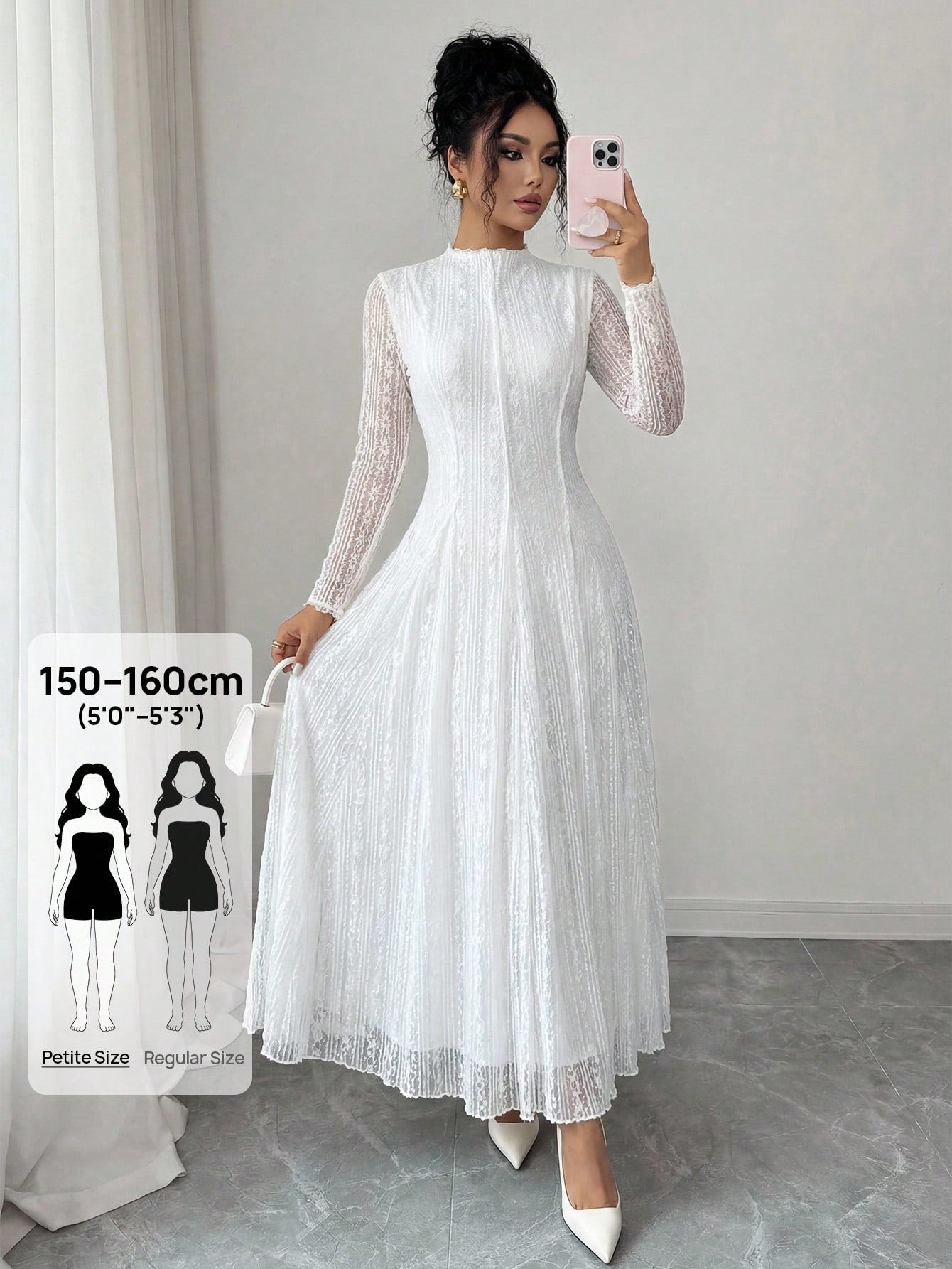 Modelyn Petite Women's Elegant Lace Long Sleeve Dress With Stand Collar,Wedding Graduation College Guest Dress Women,Petite Women White Autumn