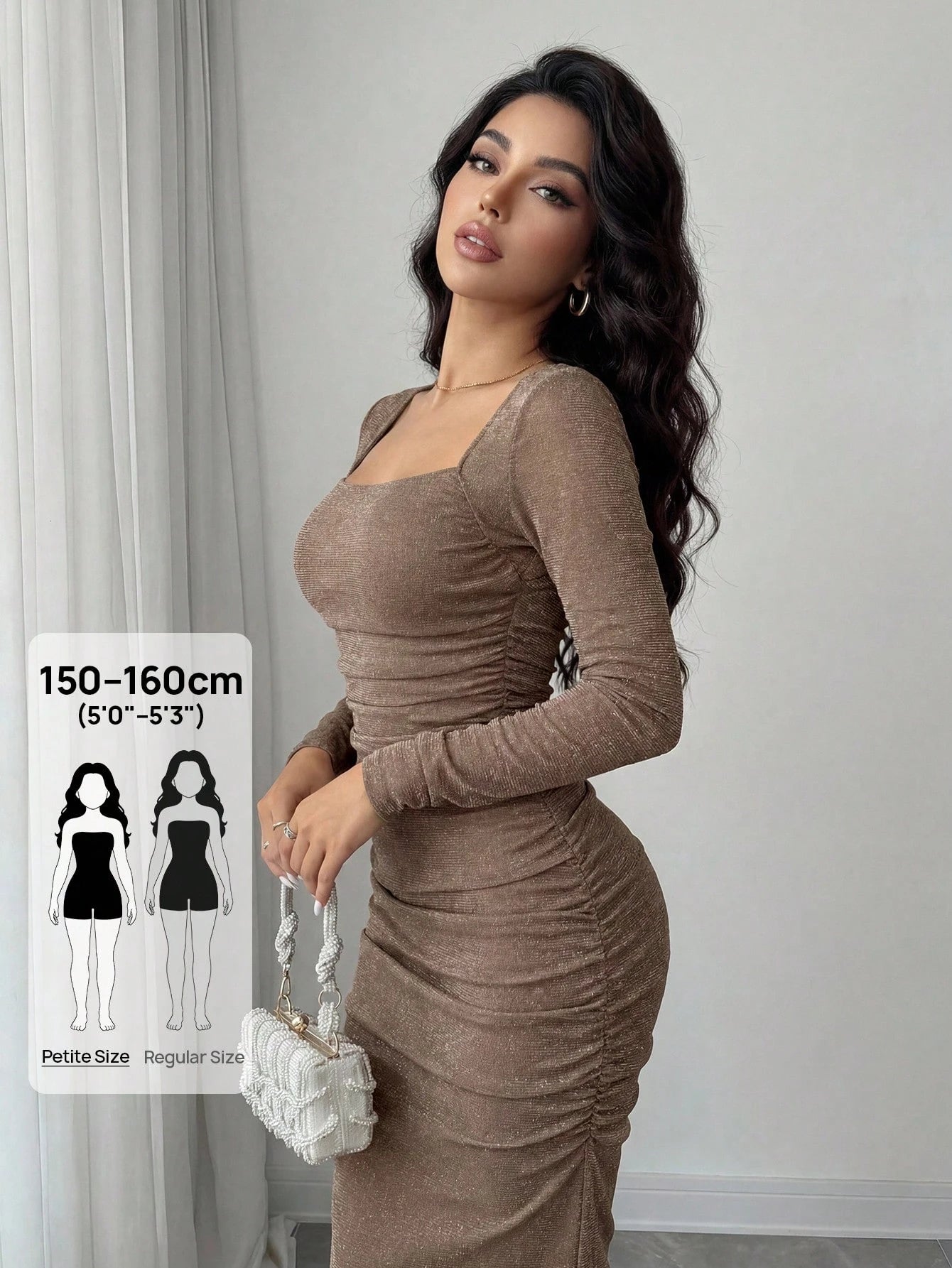 Modelyn Petite Women's Solid Color Square Neck Ruched Fitted Long Sleeve Dress,Petite Women