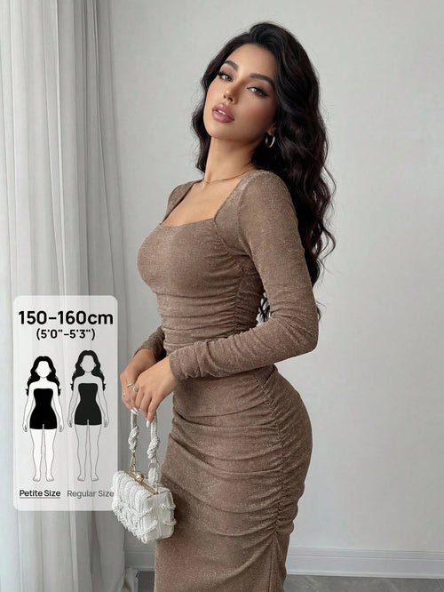 Modelyn Petite Women's Solid Color Square Neck Ruched Fitted Long Sleeve Dress,Petite Women