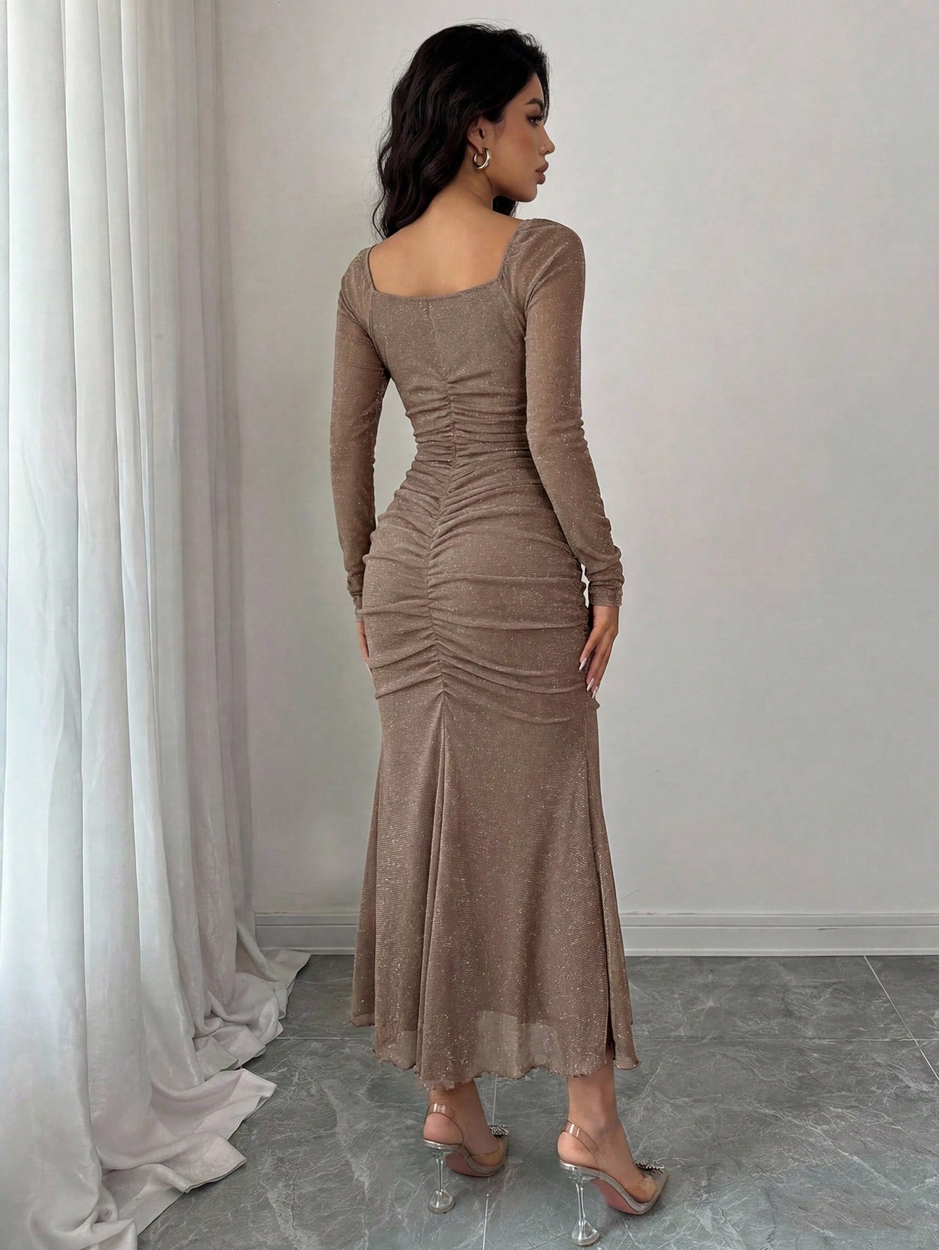 Modelyn Petite Women's Solid Color Square Neck Ruched Fitted Long Sleeve Dress,Petite Women