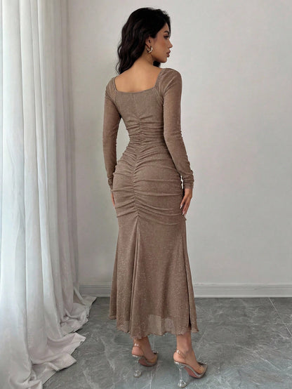 Modelyn Petite Women's Solid Color Square Neck Ruched Fitted Long Sleeve Dress,Petite Women