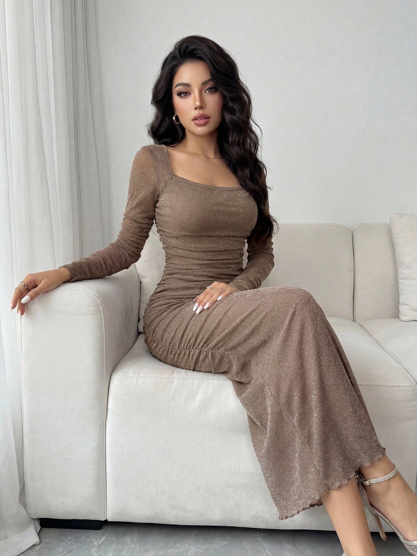 Modelyn Petite Women's Solid Color Square Neck Ruched Fitted Long Sleeve Dress,Petite Women