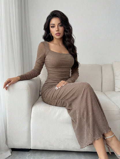 Modelyn Petite Women's Solid Color Square Neck Ruched Fitted Long Sleeve Dress,Petite Women