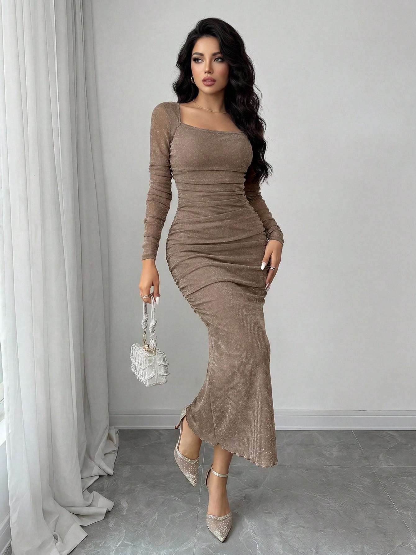 Modelyn Petite Women's Solid Color Square Neck Ruched Fitted Long Sleeve Dress,Petite Women