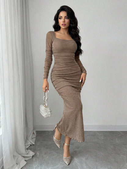 Modelyn Petite Women's Solid Color Square Neck Ruched Fitted Long Sleeve Dress,Petite Women