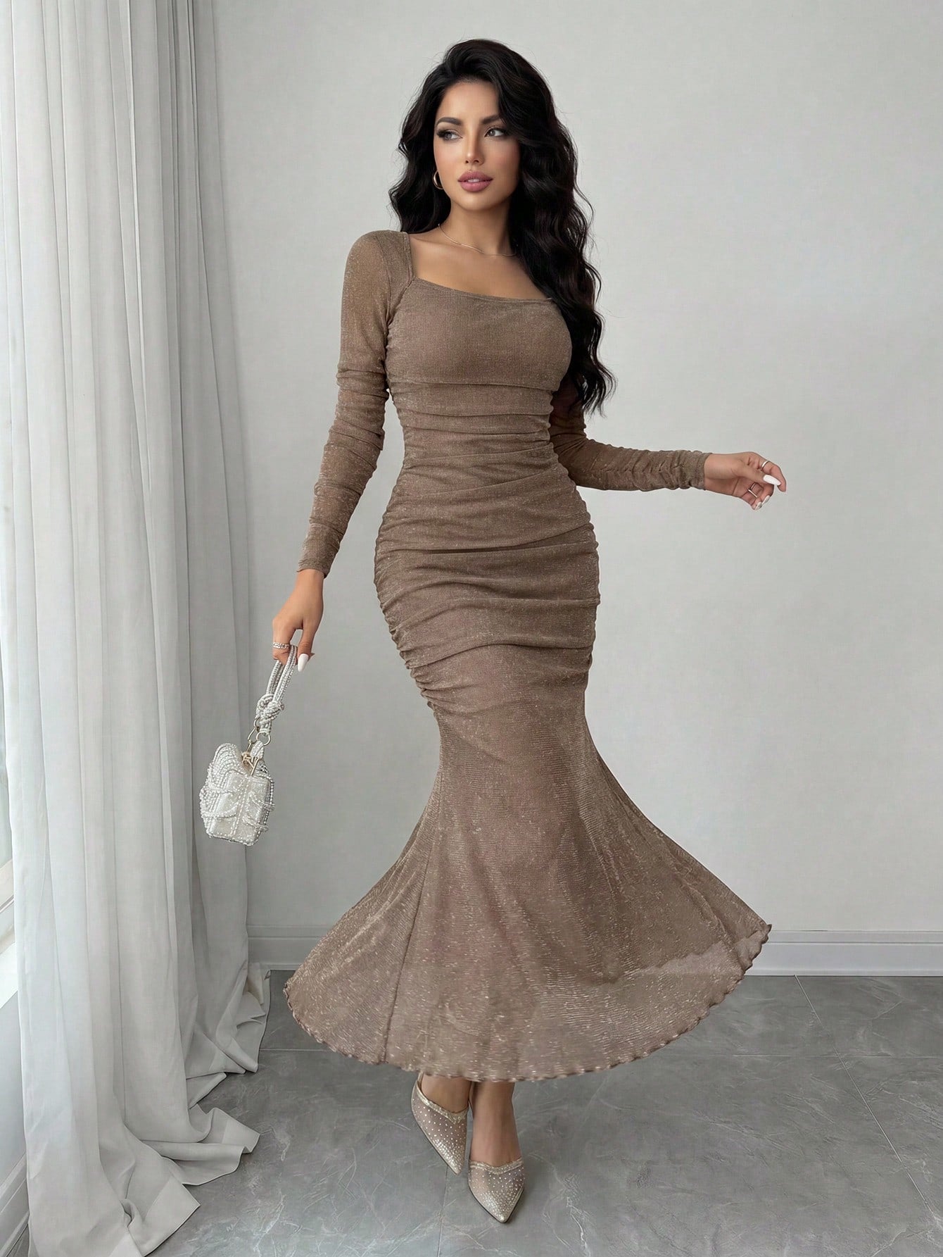 Modelyn Petite Women's Solid Color Square Neck Ruched Fitted Long Sleeve Dress,Petite Women