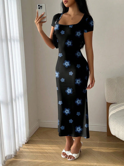 Modelyn Summer Square Neck Mermaid Ruffle Trim Bodycon Dress Floral Summer Outfits For Women Suitable For Going Out Vacation Chic Dress Black Floral Elegant