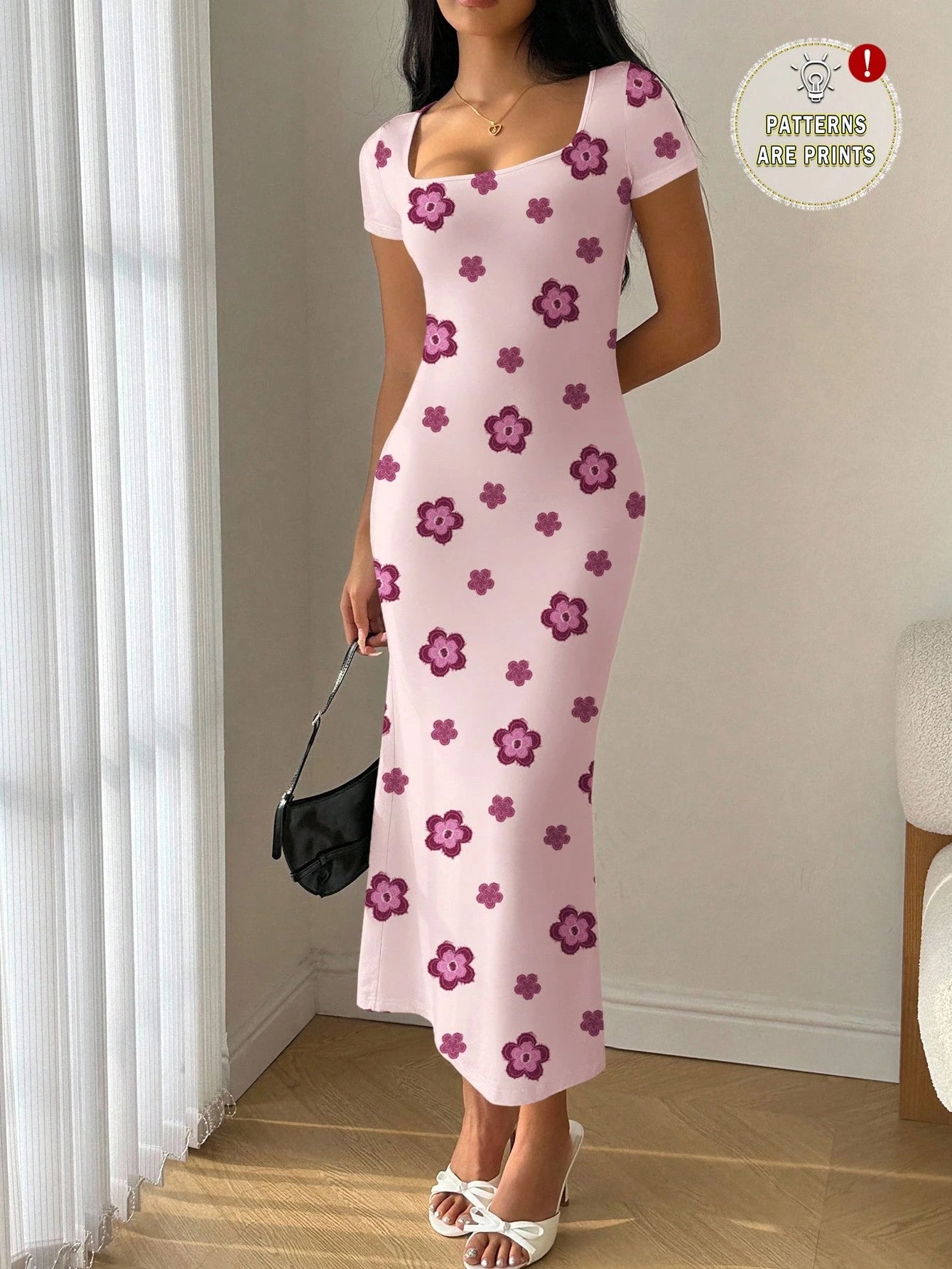 Modelyn Summer Square Neck Mermaid Ruffle Trim Bodycon Dress Floral Summer Outfits For Women Suitable For Going Out Vacation Chic Dress Black Floral Elegant