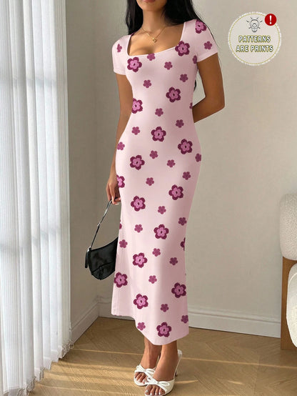 Modelyn Summer Square Neck Mermaid Ruffle Trim Bodycon Dress Floral Summer Outfits For Women Suitable For Going Out Vacation Chic Dress Black Floral Elegant