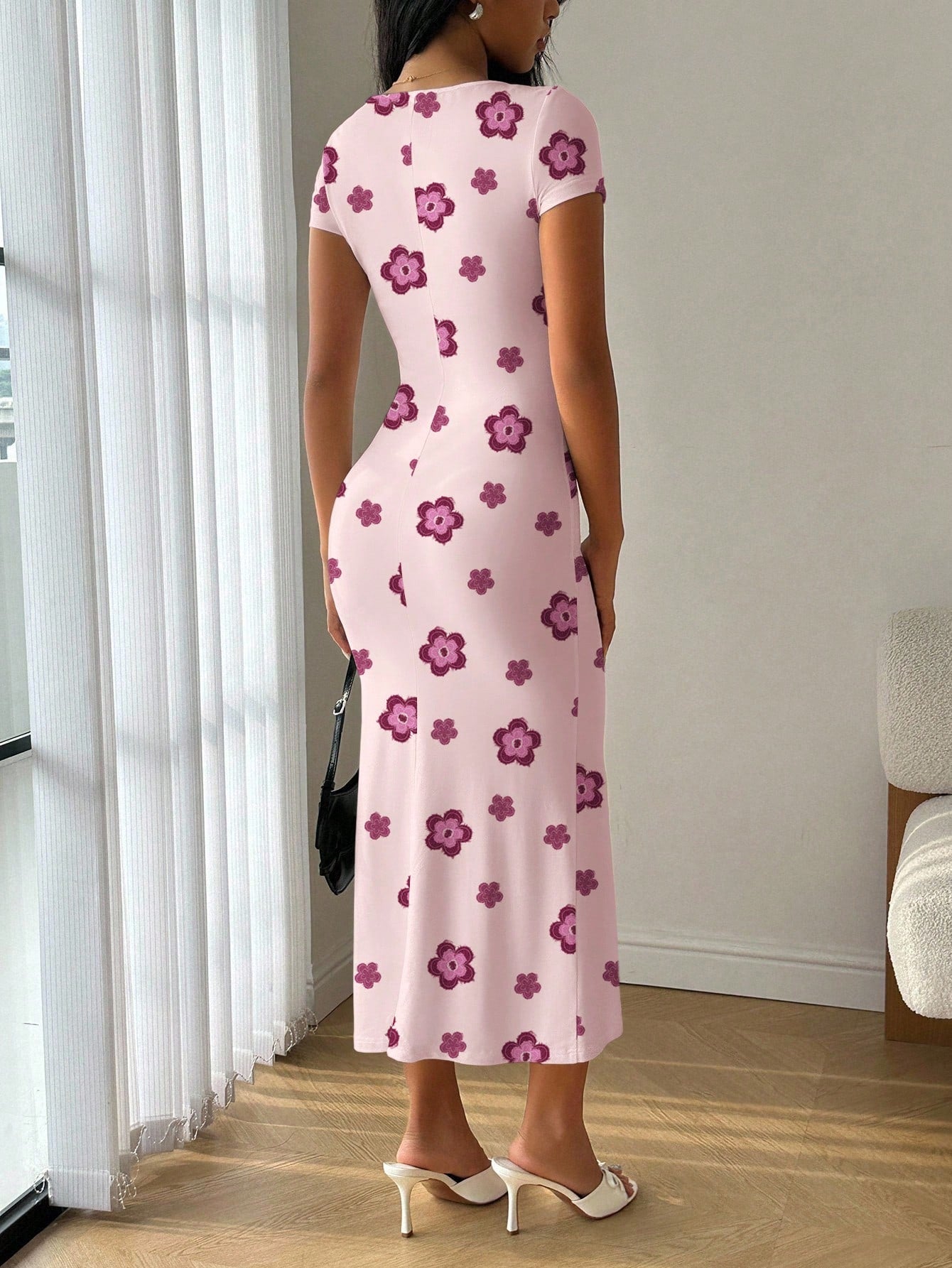 Modelyn Summer Square Neck Mermaid Ruffle Trim Bodycon Dress Floral Summer Outfits For Women Suitable For Going Out Vacation Chic Dress Black Floral Elegant