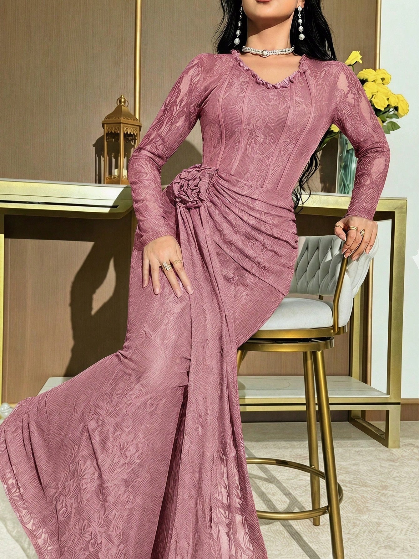 Modelyn Women's Elegant Textured Fabric Pleated Waist Solid Color Dress, Suitable For Spring/Autumn, Valentine's Day, Dates,Wedding Guest Dress Women