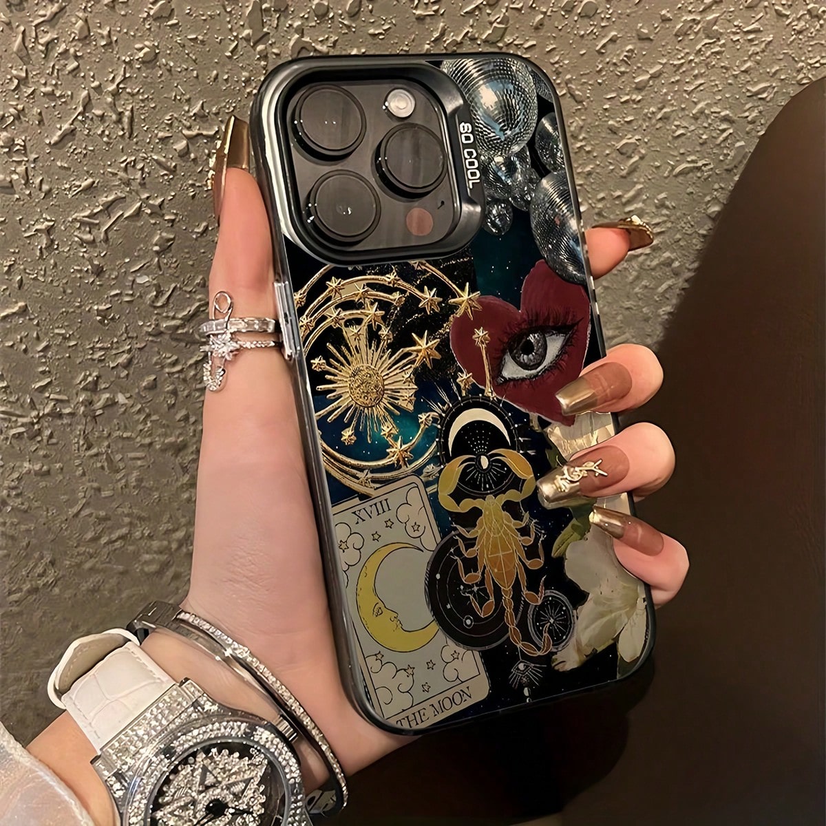 Moon Elements Fashion Phone Case 1pc Black Matte IMD Starry Sky Moon Eyes Mosaic Pattern Phone Case, Personalized Design Phone Protective Cover Compatible With IPhone 16 Pro Max, 15/14 Plus, 13, 12, 1