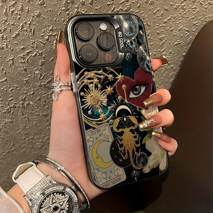 Moon Elements Fashion Phone Case 1pc Black Matte IMD Starry Sky Moon Eyes Mosaic Pattern Phone Case, Personalized Design Phone Protective Cover Compatible With IPhone 16 Pro Max, 15/14 Plus, 13, 12, 1