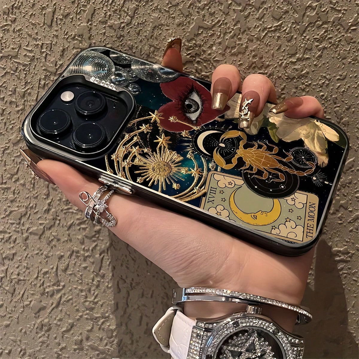 Moon Elements Fashion Phone Case 1pc Black Matte IMD Starry Sky Moon Eyes Mosaic Pattern Phone Case, Personalized Design Phone Protective Cover Compatible With IPhone 16 Pro Max, 15/14 Plus, 13, 12, 1