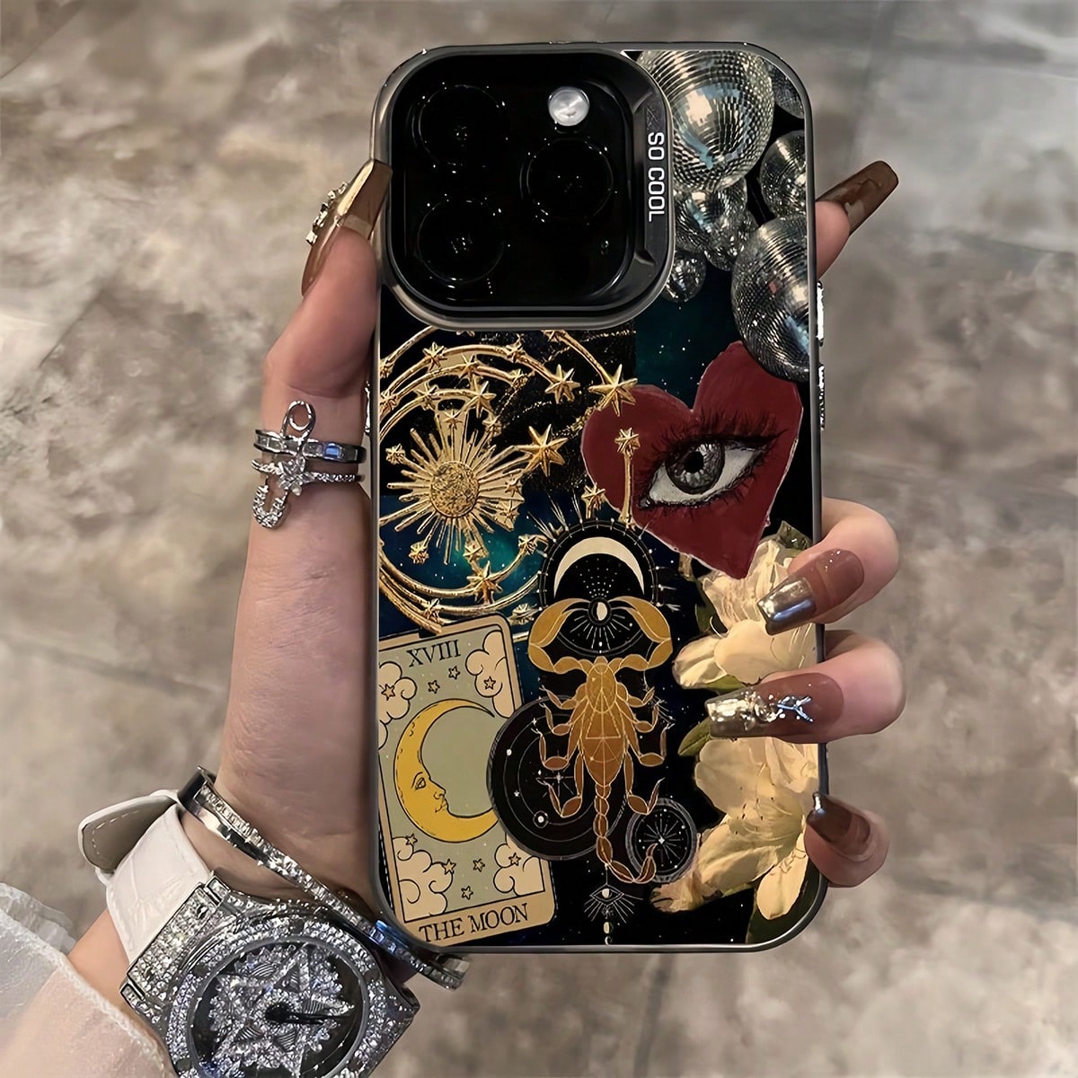 Moon Elements Fashion Phone Case 1pc Black Matte IMD Starry Sky Moon Eyes Mosaic Pattern Phone Case, Personalized Design Phone Protective Cover Compatible With IPhone 16 Pro Max, 15/14 Plus, 13, 12, 1