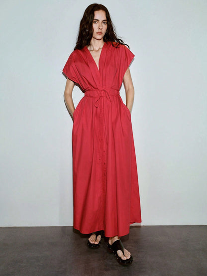 MOTF PREMIUM 100% COTTON SOLID V-NECK DRESS, URBAN CASUAL & DATE WEAR, SPRING/SUMMER