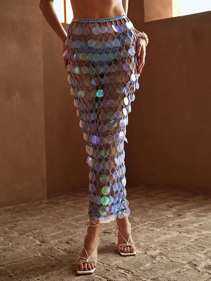 MOTF PREMIUM SHEER CONTRAST SEQUIN COVER UP SKIRT FOR SUMMER BEACH VACATION