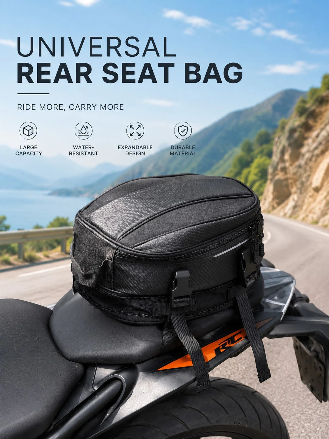 Motorcycle Tail Bag Waterproof Expandable Rear Seat Bag, Carbon Fiber Motorcycle Seat Bag With Reflective Strip And Quick Release Buckle, Universal Sport Motorcycle Rear Seat Luggage Bag, Motorcycle H