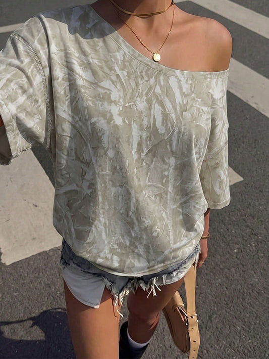 Muchica Casual Minimalist Street Style Faux Washed Effect Branch Camouflage All-Over Print One-Shoulder Drop Shoulder Short Sleeve Loose Fit Women's T-Shirt Suitable For Spring And Summer