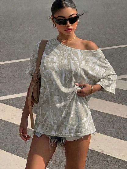 Muchica Casual Minimalist Street Style Faux Washed Effect Branch Camouflage All-Over Print One-Shoulder Drop Shoulder Short Sleeve Loose Fit Women's T-Shirt Suitable For Spring And Summer