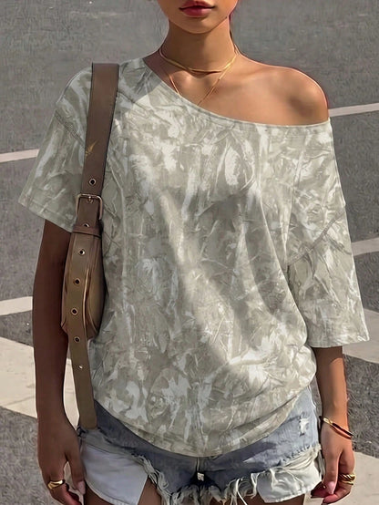Muchica Casual Minimalist Street Style Faux Washed Effect Branch Camouflage All-Over Print One-Shoulder Drop Shoulder Short Sleeve Loose Fit Women's T-Shirt Suitable For Spring And Summer