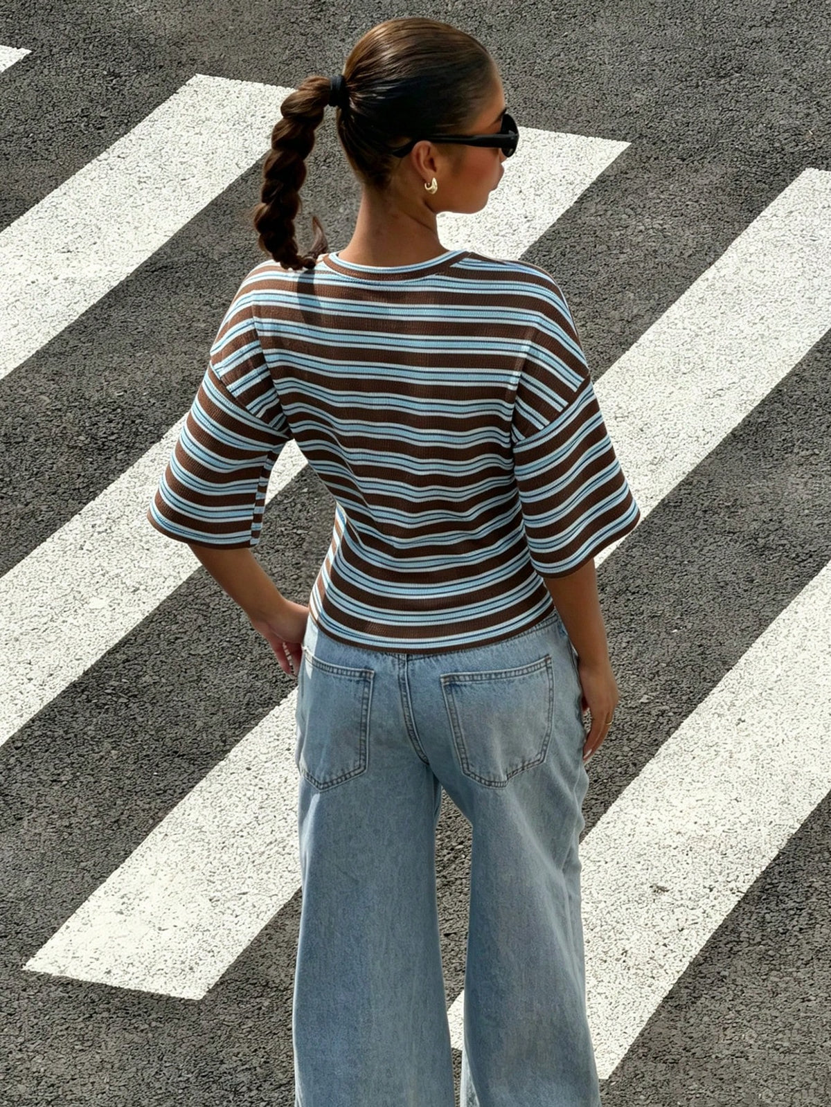 Muchica Casual Minimalist Style College Ribbed Knit Fitted T-Shirt, Purple & Blue, Suitable For Spring/Summer,Summer Top