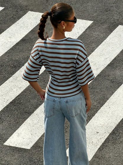 Muchica Casual Minimalist Style College Ribbed Knit Fitted T-Shirt, Purple & Blue, Suitable For Spring/Summer,Summer Top