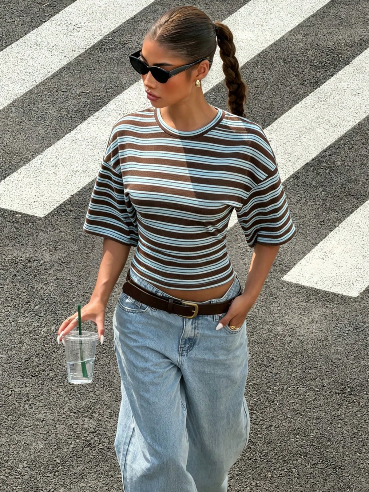 Muchica Casual Minimalist Style College Ribbed Knit Fitted T-Shirt, Purple & Blue, Suitable For Spring/Summer,Summer Top