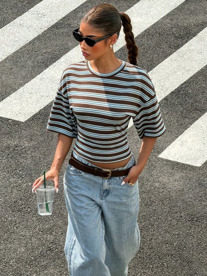 Muchica Casual Minimalist Style College Ribbed Knit Fitted T-Shirt, Purple & Blue, Suitable For Spring/Summer,Summer Top